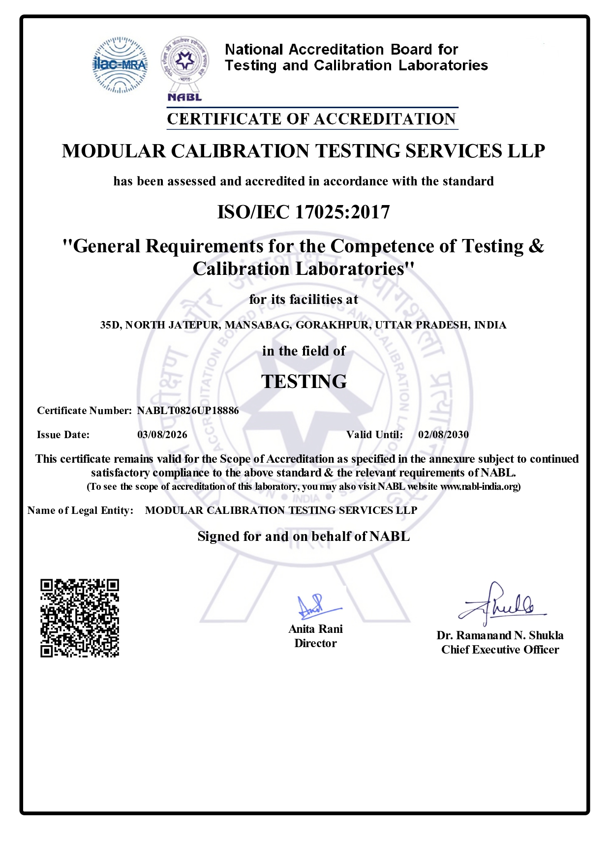NABL ISO IEC 17025 2017 certificate